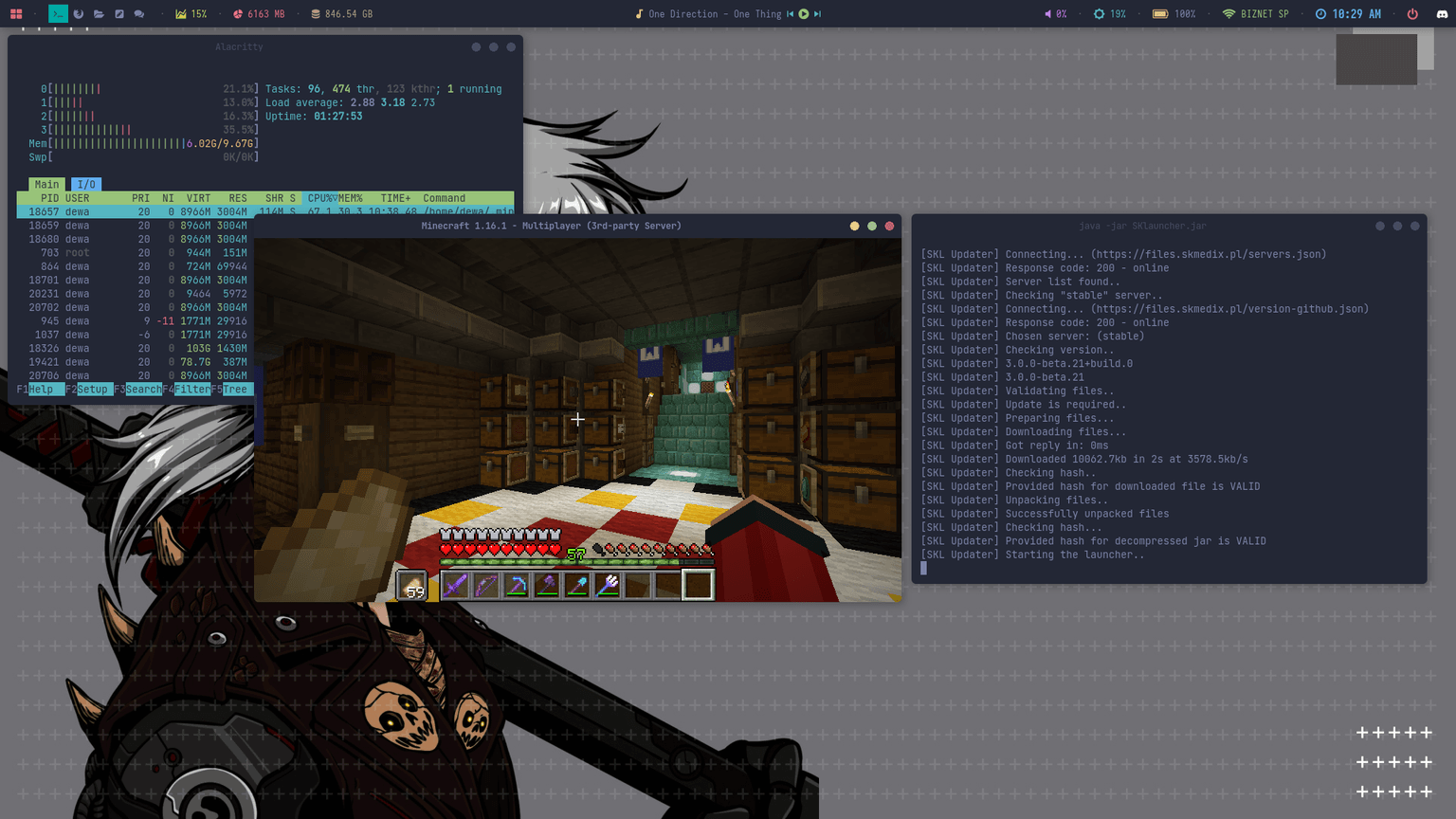 Aktivitas multitasking di Archcraft dengan terminal Alacritty, htop, dan game Minecraft